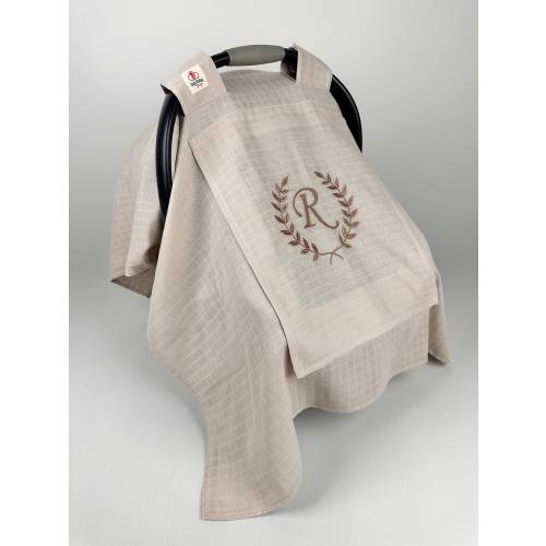 Car Seat Canopy Cover Baby Girl and Boy, Light Beige Muslin Gauze with Peekaboo Mesh Window, Personalized Handmade Gift
