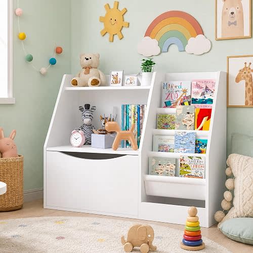Kids Bookshelf,2 Tier Book Storage,4 Sling Toddler Bookshelf,White