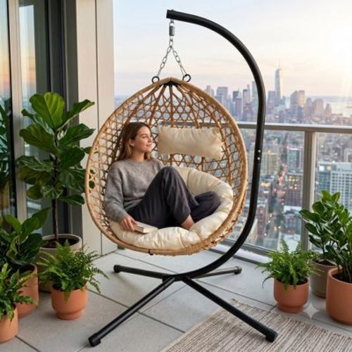 Foldable Hanging Egg Swing Chair with Stand, HDPE Wicker Egg Chair with Cushion & Headrest for Indoor/Patio/Balcony, Beige+Brown - ModernLuxe