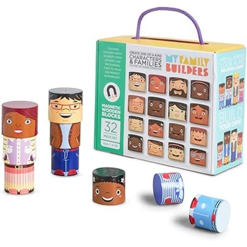 32-Piece Multiracial Magnetic Family Play Set – Wooden Diversity Building Blocks for Kids – Multicultural Puzzles & SEL Toy for Toddlers & Children