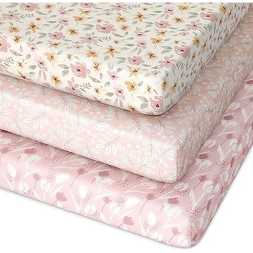 Unnivoll Pack and Play Sheets Fitted 3 Pack, Mini Crib Sheets for Pack N Play Mattress Stretchy Portable Playard Sheets, Soft Breathable Pink Flowers & Leaf