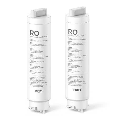 DREO 2-Pack Reverse Osmosis Water Filter, Compatible with DREO RO Water Filter 112 & 113 & 114 & 115, Removes 99.99% of Contaminants including PFOA, PFOS, Chlorine, Last 265 gallons, SGS Tested