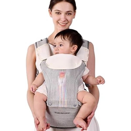 Bebamour Baby Carrier Newborn to Toddler with Hip Seat Baby Carrier Front and Back Carry Carrier with Head Hood, 3 PCS Teething Pads,Storage Bag (Gray-Knit)
