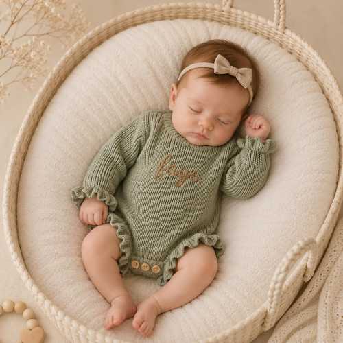 Sage Newborn Frilly Romper, Custom Name Baby Girl Romper, Cotton Knit Ruffle Romper, Embroidered Toddler Romper, Personalized Gift for Baby
