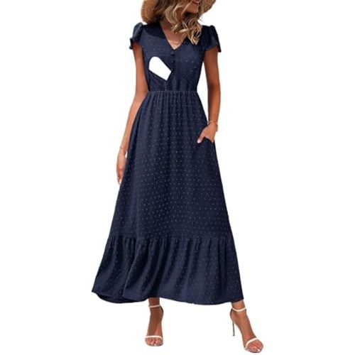 CzzzyL Women Nursing Boho Maxi Dresses Cap Short Sleeve V Neck Swiss Dot High Waisted A-Line Ruffle Tiered with Pockets