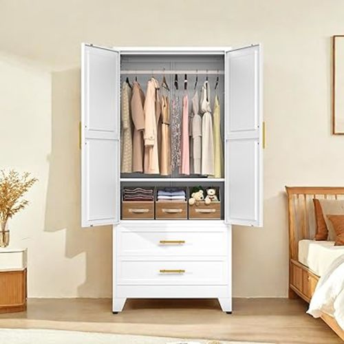 White 71" Metal Armoire Wardrobe Closet, Bedroom Clothing Storage Cabinet with 2 Drawers and Hanging Rod, Freestanding Armoire Cabinet with Adjustable Shelves