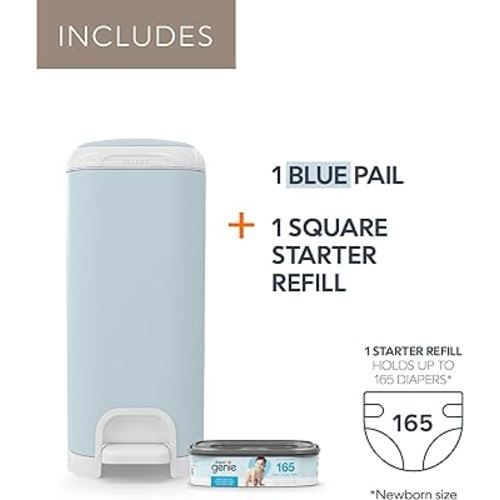 Diaper Genie Select Pail (Blue) is Made of Durable Stainless Steel and Includes 1 Starter Square Refill That can Hold up to 165 Newborn-Sized Diapers.