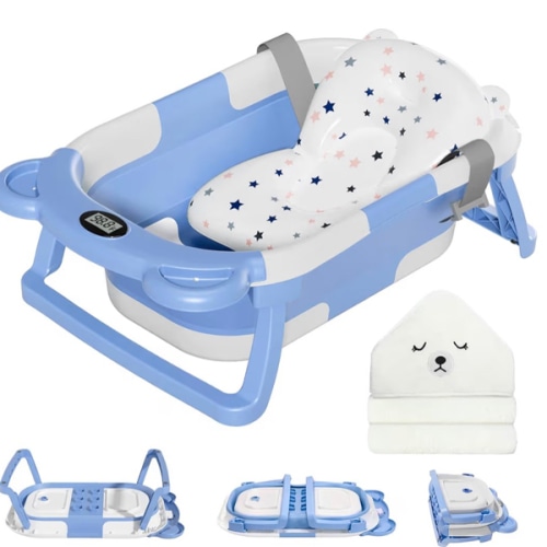 MoreFeel Collapsible Baby Bathtub for Newborn with Thermometer & 1 Hooded Towel & 1 Soft Floating Cushion,Portable Travel Bathtub with Drain Hole, Durable Foldable Baby Tubs for Infants to Toddler