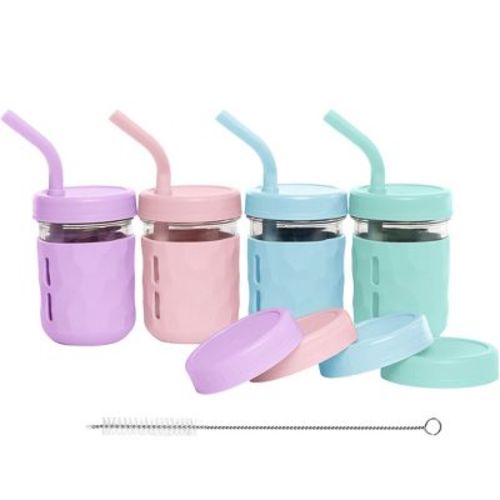 WeeSprout Glass Cups with Lids & Straws, Spill-Resistant Cups for Toddlers & Kids, Set of 4