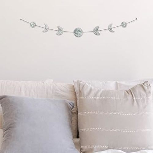 BASE ROOTS Moon Phase Wall Decor, White Gray Wall Art for Bedroom, Bohemian and Astrology, Witchy Aesthetic 34" 7 Phases Metal Moon Wall Banner, Celestial Decoration, Gift for Women & Kids