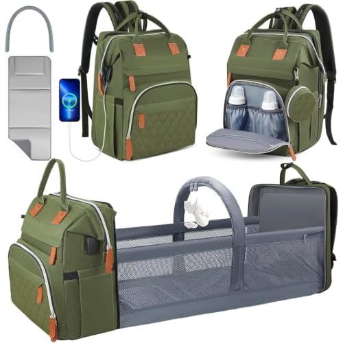 Diaper Bag Backpack for New Parents, Large Capacity Baby Travel Bag with Bottle Holders, Multiple Compartments (Green)