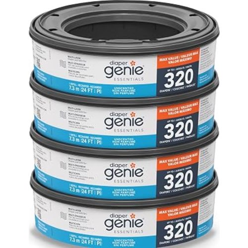 Diaper Genie Essentials Round Refill 4-Pack | Holds Up to 1280 Newborn Diapers | Features Unscented Continuous Film | Compatible with Diaper Genie Complete and Expressions Pails