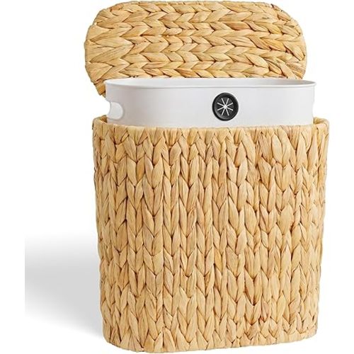 iEGrow 3 Gallon Wicker Trash Can, Bathroom Trash Can with Lid, Narrow Natural Water Hyacinth Waste Basket with Removable Liner, Boho Garbage Can for Bedroom, Office, Small Spaces Living Room, Toilet