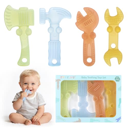 TYRY.HU Baby Teething Toys for Babies 0-6 Months 6-12 Months, BPA Free Silicone Baby Molar Teether Chew Toys, Hammer Wrench Spanner Pliers for Boys Girls, Soft-Textured, Easy to Hold & Clean, 4 Packs