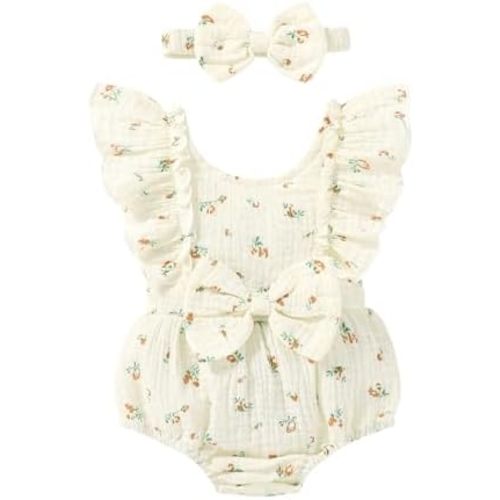 YOUNGER TREE Newborn Baby Girl Clothes Ruffle Sleeve Rompers Infant Backless Floral Jumpsuit Summer Outfits with Headband