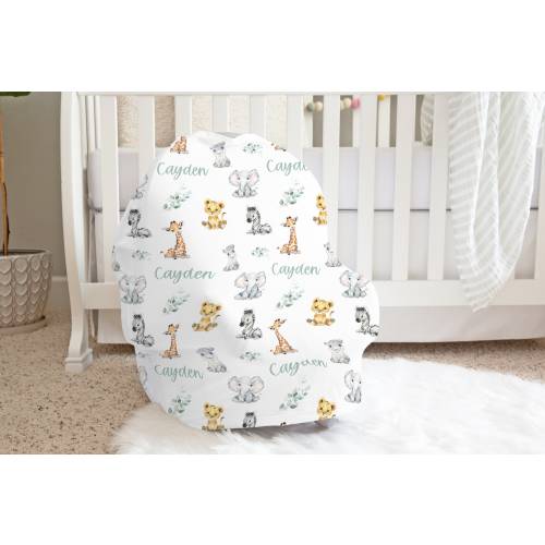 Safari Animal Carseat Canopy- Elephant Car Seat Cover- Stretchy Cover, Nursing Cover, Personalized Baby Boy Carseat Cover - Baby Shower Gift
