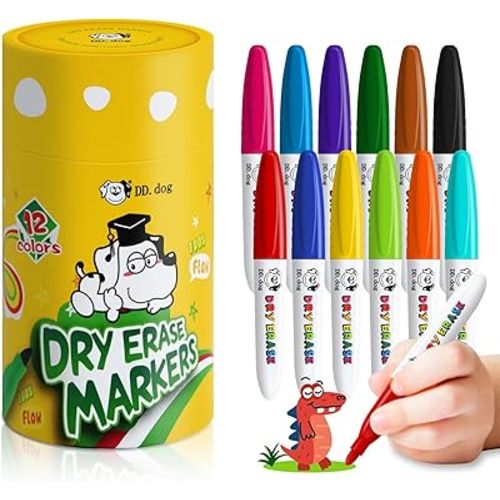 Mini Dry Erase Markers for Kids, Small 12 Colored Non-Toxic Fine Tip White board Markers, Low-Odor Whiteboard Markers Set for Classroom, Home & School Art Supplies (12 Pack)
