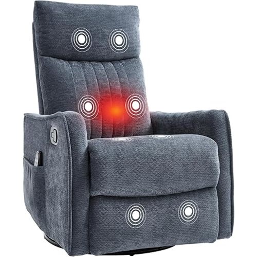PELUMY 360 Swivel Rocking Recliner Chair for Adults, Nursery Rocking Chair with Heat and Massage, Glider Reclining Chair for Small Space, Living Room, Bedroom (Chenille, Blue Grey)
