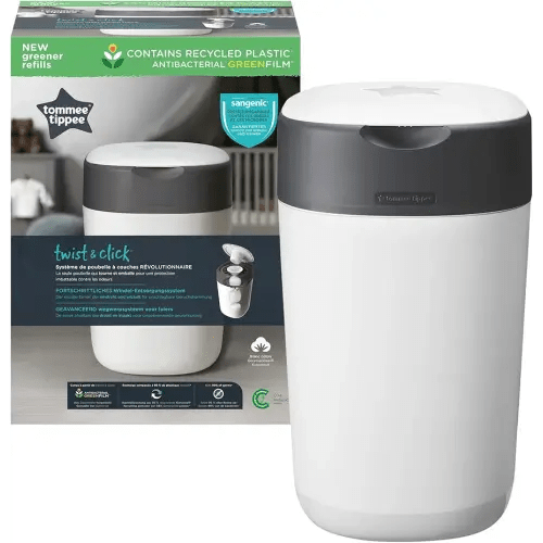 Tommee Tippee Twist and Click Nappy Bin, Includes 1x Refill Cassette with Multilayer, Antibacterial Film, 100% Recycled Chassis, White