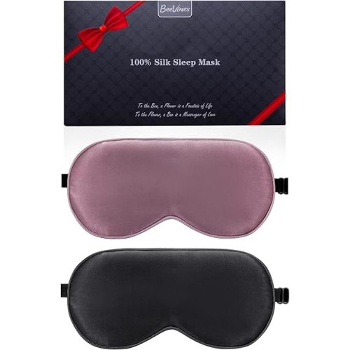 BeeVines 100% Real Mulberry Silk 2 Pack Sleep Mask, Pure Silk Eye Masks with Adjustable Strap for Sleeping, 100% Block Light Eye Shade Cover, Reduces Puffy Eyes Traveling Gifts(Black & Ruby Purple)