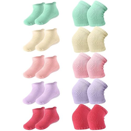 10 Pairs Baby Crawling Anti Slip Knee Pads and Anti Slip Baby Socks Set Unisex Toddler Knee Protectors Non Slip Ankle Socks