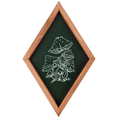 Lenkyin Dark Green Mushroom Decor Farmhouse Home Wall Decor, Wood Diamond Frame Mushroom Wall Art, Mushroom Kitchen Decor for Living Room Bedroom office