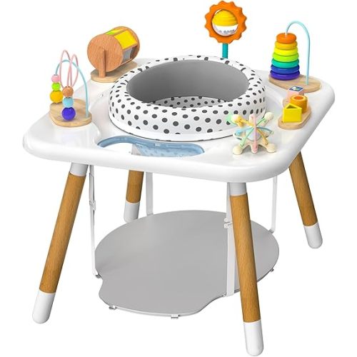 Kizfarm Baby Activity Center, Montessori-Inspired Bouncer with 7 Interactive Toys, 360° Rotating Seat, Wooden Jumper, Play Gym & Toddler Table,Toy for Infant Baby Toddler