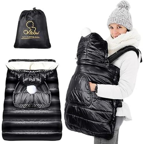 Orzbow Winter Baby Carrier Cover with Detachable Hood, Waterproof & Windproof, Universal for Carriers & Waist Stools, Baby Bunting Bag for Car Seats & Strollers with Storage Bag, Black