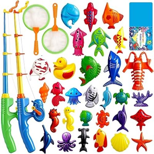CozyBomB Magnetic Fishing Pool Toys Game for Kids - Water Table Bath-tub Kiddie Party Toy with Pole Rod Net Plastic Floating Fish Toddler Color Ocean Sea Animals Birthday Gift Age 3 4 5 6 Year Old