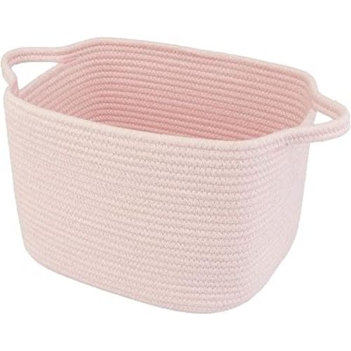 XUANGUO Woven Cotton Rope Storage Basket with Handles 13x10x9 inch Pink
