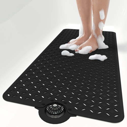 OTHWAY Non-Slip Bath Mat for Tub with Hair Catcher, 39"x17" Long Shower Mat, Large Drain Holes, Machine Washable Gripper Tub Mat (Black)