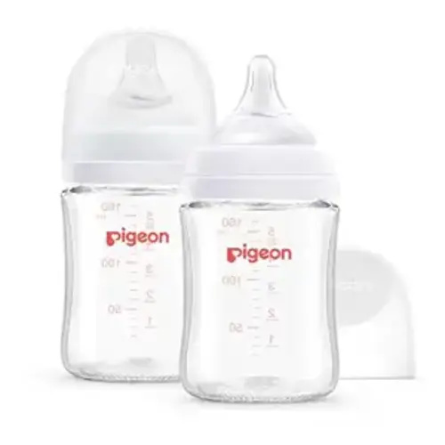 Pigeon Glass Nursing Bottle Wide Neck, Anti-Colic, Streamlined Body, Natural Feel, Easy to Clean, Heat-Resistant, 5.4 Oz (Pack of 2), Includes 2pcs SS Nipples (0m+)