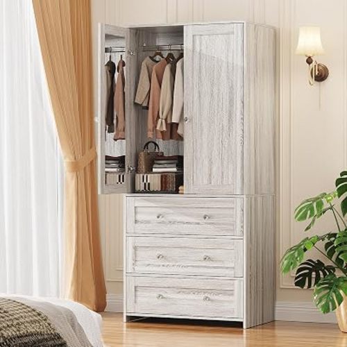 VOWNER 71" Tall Armoire Wardrobe Closet with Drawers and Mirror