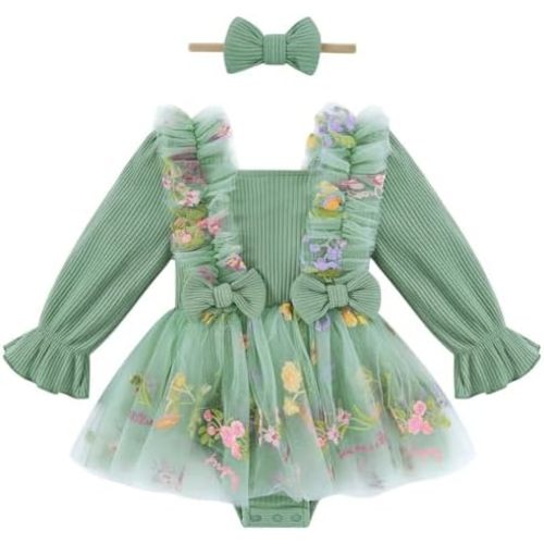 Baby Girl Clothes Infant Embroidery Tulle Romper 0-18M Longsleeve Bodysuit Baby Girl Outfits Infant Dress