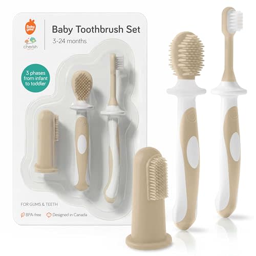 Cherish Baby Care Baby Toothbrush Set 0-2 Years - Silicone (Sand) | Award-Winning: BPA-free, safety-tested food-grade silicone infant toothbrush set for babies 6 to 24 months.
