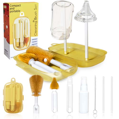 Smasener Bottle Brush Set, 6-in-1 Baby Bottle Cleaner Kit with Sippy Cleaner, Nipple Brush, Straw Brush, Soap Dispenser, Portable Drying Rack, Baby Travel Essentials Available, Brown and White