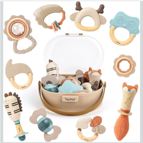 Baby Rattles & Teethers Set – Baby Toys 0-6 Months, Teething Toys 3-6 Months, Sensory Toys with Soft Textures, Gentle Sounds & Easy-Grip Shape, Neutral Newborn Gift（10-Pack）