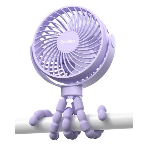 Coohea Stroller Fan Clip on for Baby, 4000mAh Rechargeable Battery Operated, Flexible Tripod, 3 Wind Speed, 360° Rotatable, Small Portable Fan for Car Seat Crib Backseat Beach Travel Camping, Purple