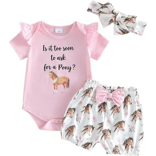 Baby Girl Western Clothes Infant Horse Boots Cowgirl Summer Outfits Short Sleeve Romper + Shorts + Headband