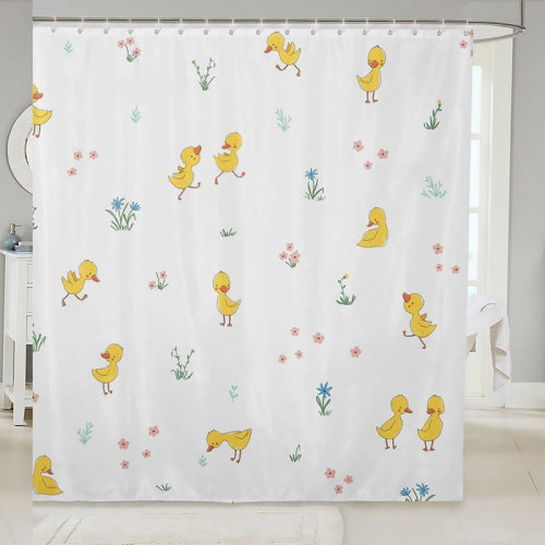 Ophelia & Co. SunnyDuck Kids Shower Curtain - Cute Cartoon Farmhouse Animals & Flowers, Waterproof Bathroom Decor for Teens & Adults, Yellow & White, 12 Hooks | Wayfair