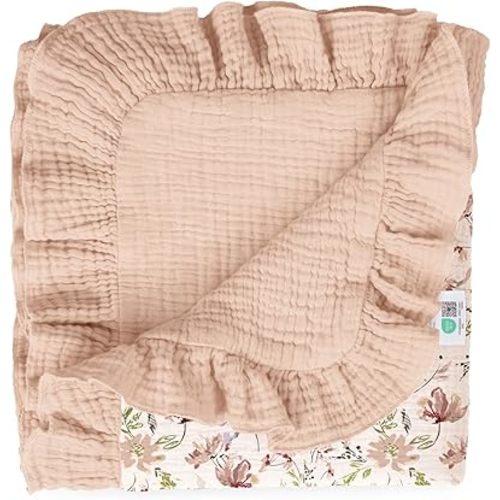 lulumoon Ruffle Muslin Baby Blanket: Soft Breathable Cotton Crib Blanket for Newborn Girls - Lightweight Receiving Wrap for Stroller & Photography Backdrop 40"x36"(Flower)