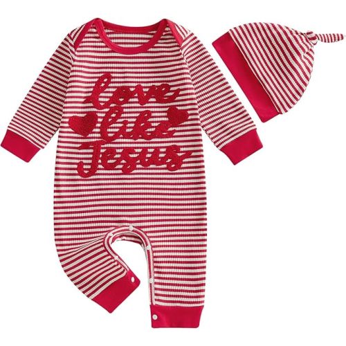 ZAXARRA Newborn Boy Stripe Romper Letter Embroidery Round Neck Jumpsuit with Hat