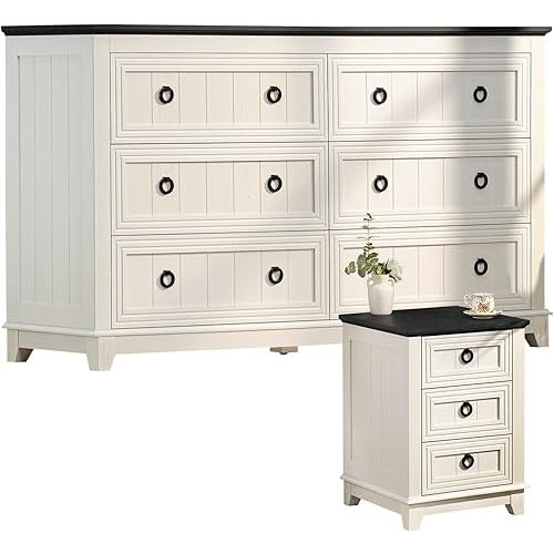 Farmhouse Dresser and Nightstand Sets 2 Piece, Nightstands and 6 Drawers Dressers for Bedroom, 54" Wide Dresser and 18" Inch Night Stand Set for Bedroom, Living Room, Hallway