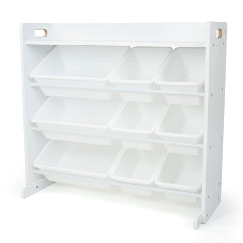 Humble Crew Kids Toy Organizer with Display Shelf, 9 Bins, 3 Tier Storage | Sturdy wood and steel toddler shelf, removable BPA-free containers, wall anchor anti-tip safety kit for bedroom or classroom