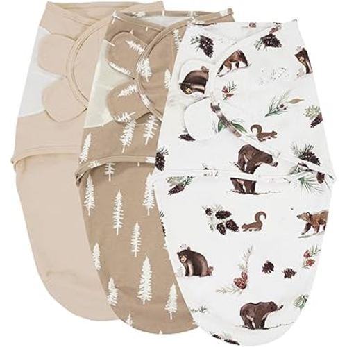 david's kids 100% Cotton 3 Pack Baby Swaddle Wrap for 0-3 Months, Soft Breathable Swaddle Blanket for Newborn Infant, Adjustable Baby Wrap Sleep Sacks for Boys Girls, Newborn Essentials, Woodland