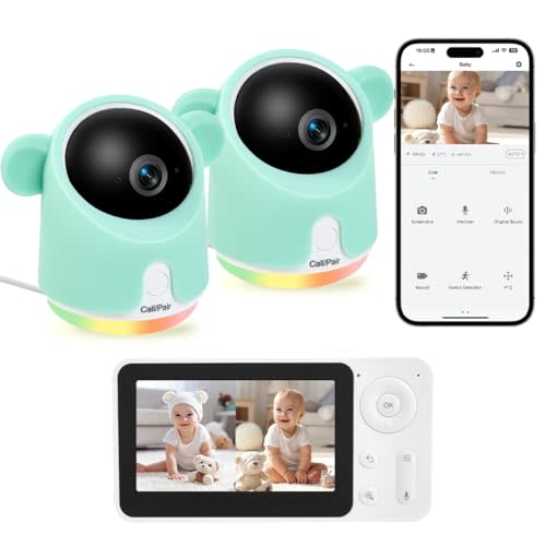 Baby Monitor with Camera and Audio, Split-Screen 1080P 2 Baby Cameras Lullabies WiFi Smartphone App Control Night Vision 4.3” Screen 2-Way Talk Temp&Humidity Sensor Motion & Cry Detection iOS/Android