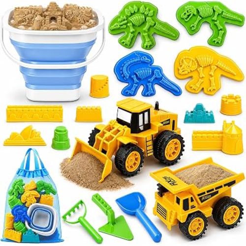 TOY Life 22-Pc Dinosaur Beach Sand Set, 2 Construction Cars, Ages 3-8