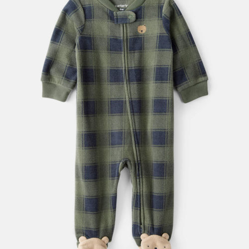 Baby Boy Bear Plaid Print Loose Fit Long-Sleeve Sleeper - Green | Carter’s Oshkosh Canada