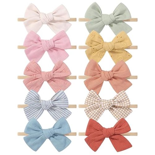 10PCS Baby Girls Headbands Hair Bows Nylon Cotton Linen Hairbands Handmade Hair Accessories for Newborn Infant Toddlers Little Girl and Kids 3.5Inches
