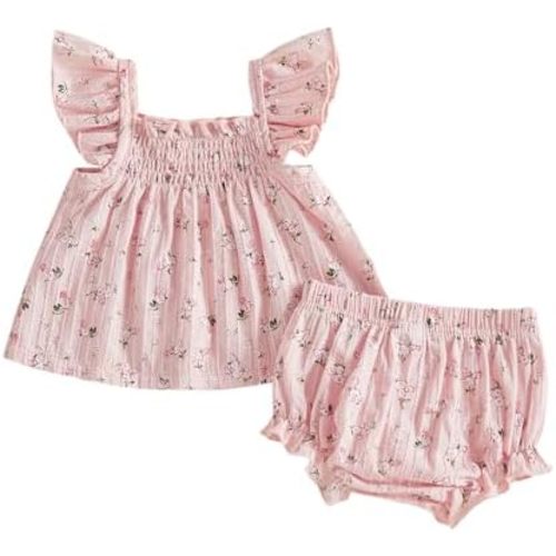 Muasaaluxi Infant Baby Girl Clothes Summer Smocked Fly Sleeve Top Dress Ruffle Floral Shorts Bottoms 3 6 12 18 24 Months